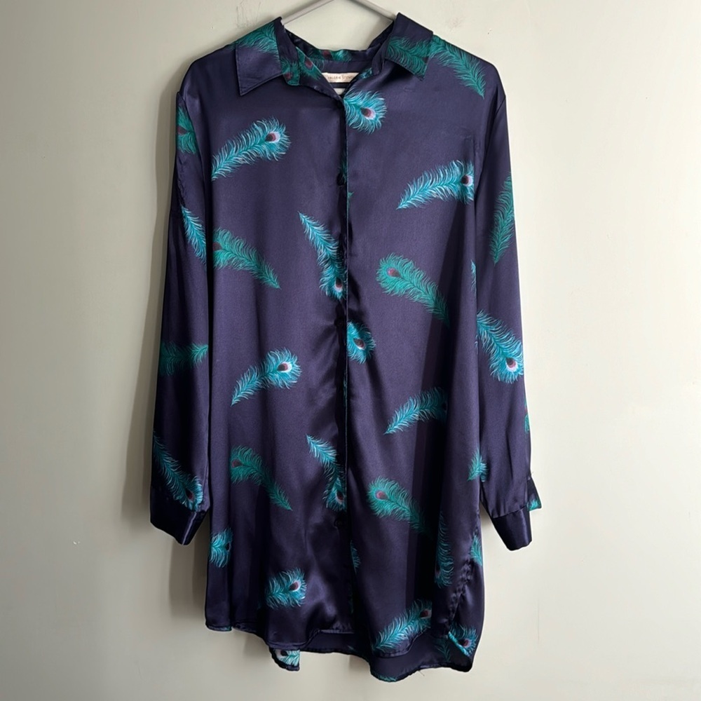 Valerie Stevens Satin Sleep Shirt L Peacock Feather Print Button-Front Nightgown